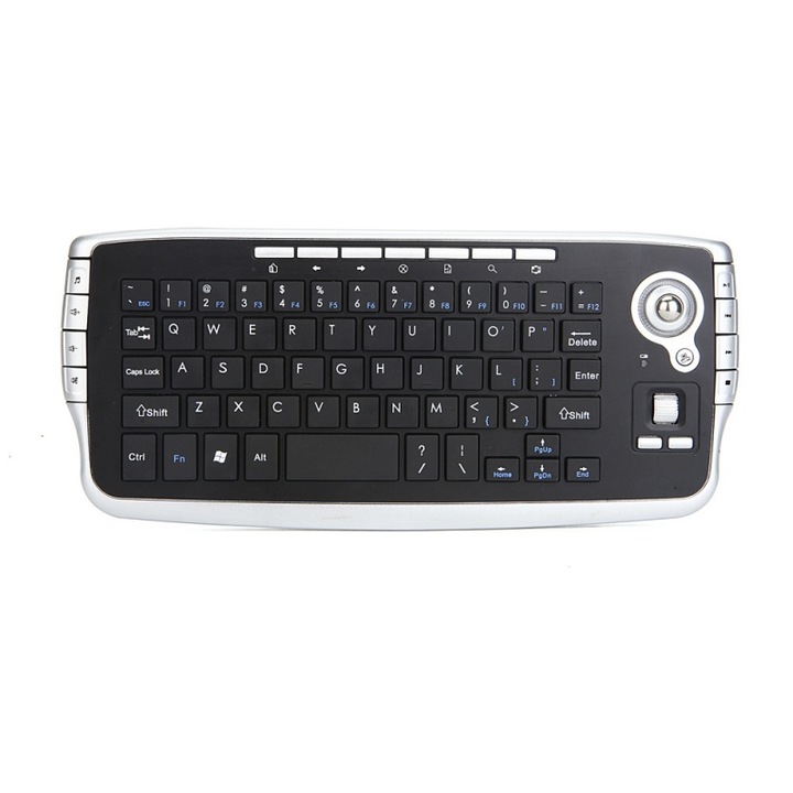 Tastatura wireless, 2.4GHz, cu taste multimedia si trackball cu punct fix, design ergonomic, receptivitate, latenta redusa, compatibilitate ridicata, Plug and Play, gri argintiu