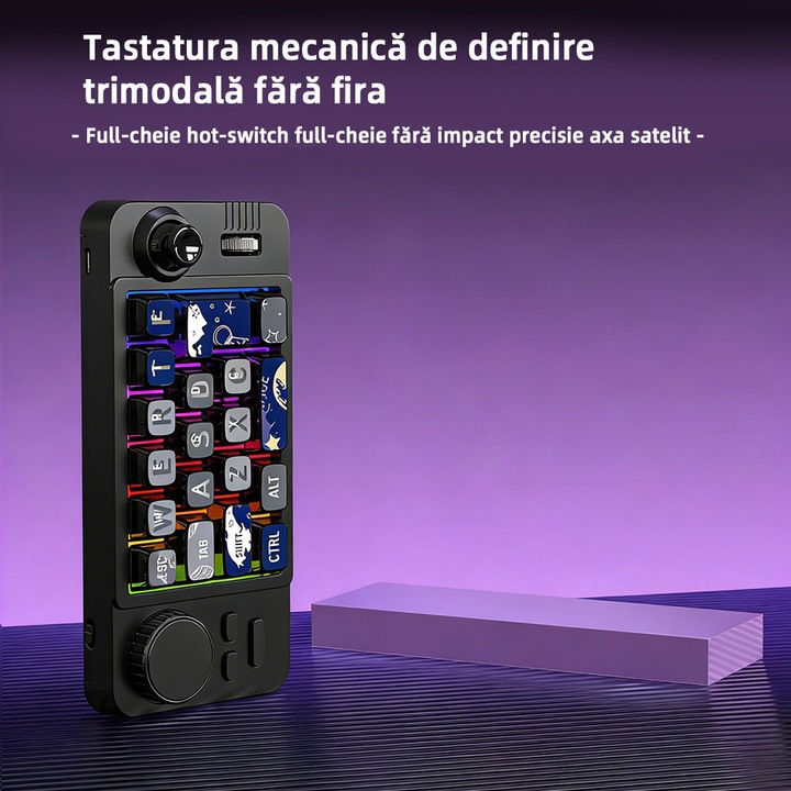 VeniSymlis® Tastatura wireless de gaming W9111, 22 taste mecanice hot-swappable, 3 moduri conectare 2.4G/BT 5.0/USB-C, programare macro prin driver web, iluminare RGB 8 moduri, rotita volum, joystick, butoane multimedia, separare cablu