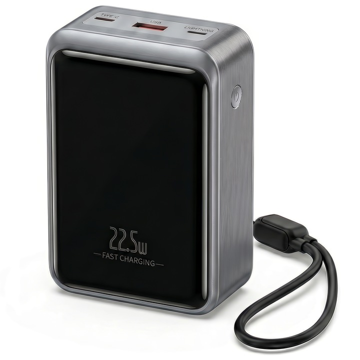Baterie Externa Daden 20.000mAh, Power Bank Portabil, Incarcare Rapida 22.5W, 3 Porturi, Display LED, Compatibil Apple, Samsung, Universal, Cablu Inclus, Type-C, Lightning, Micro-USB, USB-A, Gri