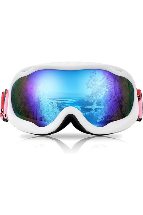 Ochelari de schi sport unisex, ochelari anti-aburire cu oglinda, protectie UV, alb-roz, FEISEDY