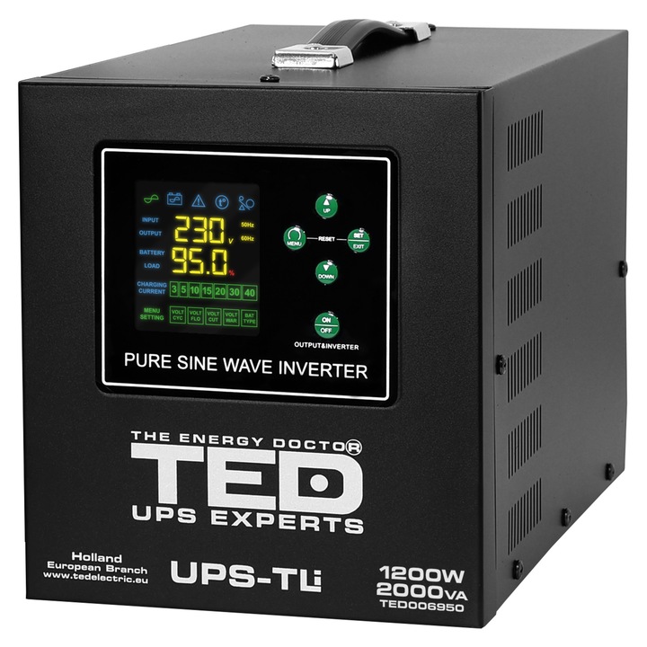 UPS Sinus Pur 12V 2000VA / 1200W cu Runtime Extins, pentru Centrala, Compatibil cu Baterii LiFePO4 / AGM / GEL – TED Electric
