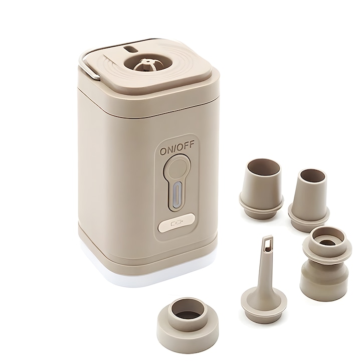 Pompa de aer electrica pentru umflare/dezumflare NEXTLY, 5 capete, lanterna LED cu 3 moduri de iluminare, portabila, incarcare USB, agatatoare, 25W, bej