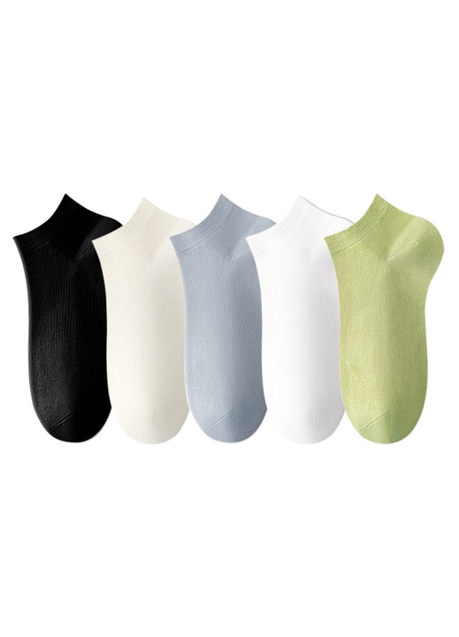Set de 5 perechi sosete scurte din bumbac pentru femei primavara-vara, Model subtire, confortabil si respirant, negru, alb, verde, multicolor, 35-40 UE