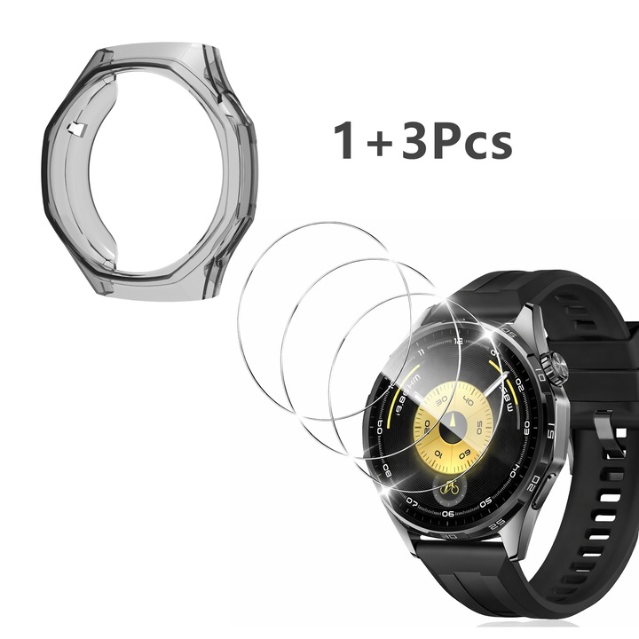 Set 3+1 protectie ecran si carcasa, Pentru smartwatch Huawei Watch GT6 Pro 46mm, FunShop, 3 folii de sticla, 1 carcasa TPU, Negru transparent