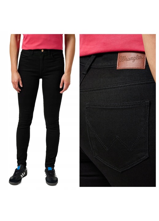 Blugi Dama, Wrangler, High Skinny, Skinny Fit, Talie Inalta, Fermoar, Lungi, 5 Buzunare, Bumbac, W27-L30 US, Negru