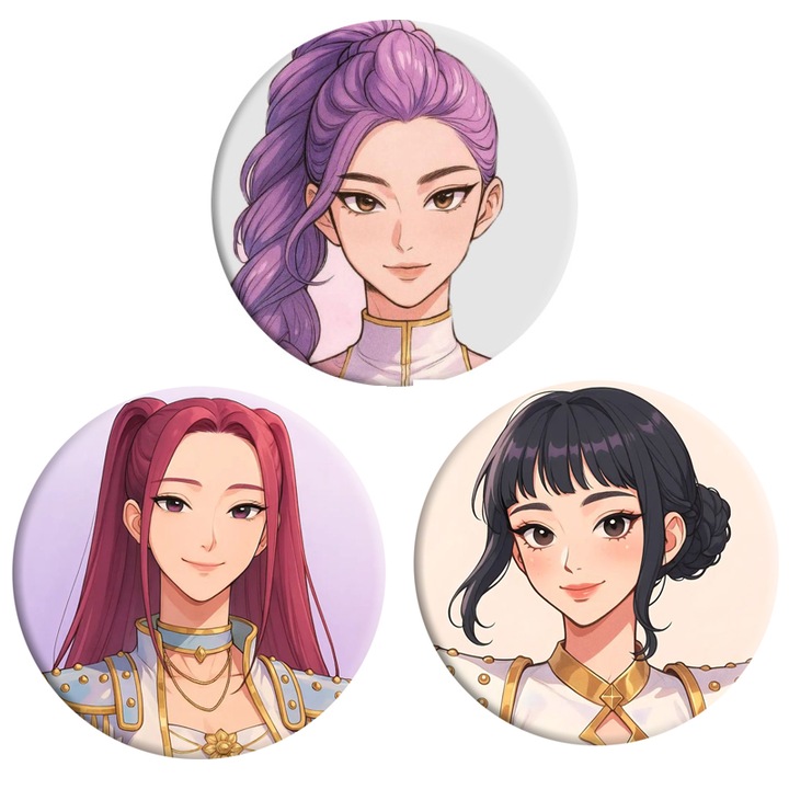 Három tükrös kulcstartó, Zimilo, Witch Hunter téma, kör alakú, pénztárcákhoz és tolltartókhoz alkalmas, RUMI, ZOEY és MIRA karakterek képeivel