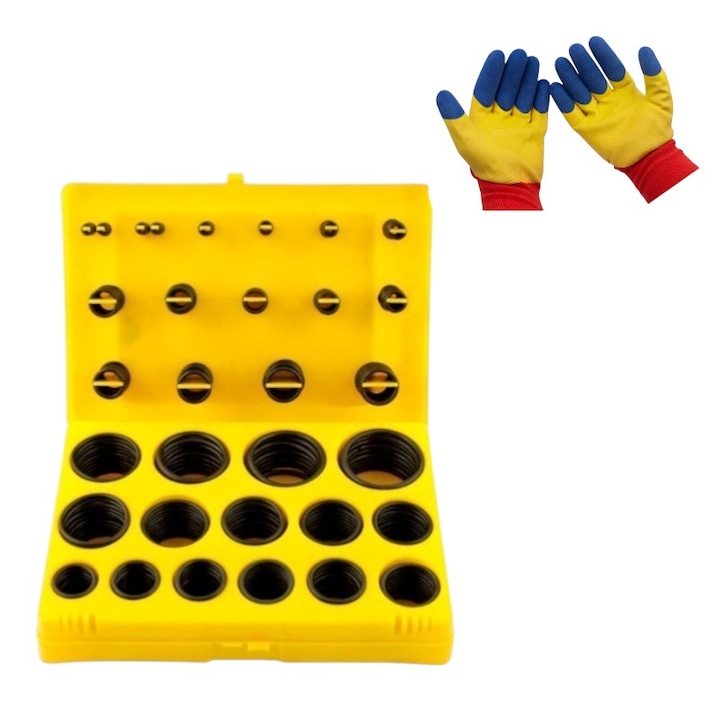 Trusa cutie inele cauciuc, tip o-ring, 30 variante, 386 tipodimensiuni, diametru 03-44 mm, uz casnic/profesional cu Set manusi protectie