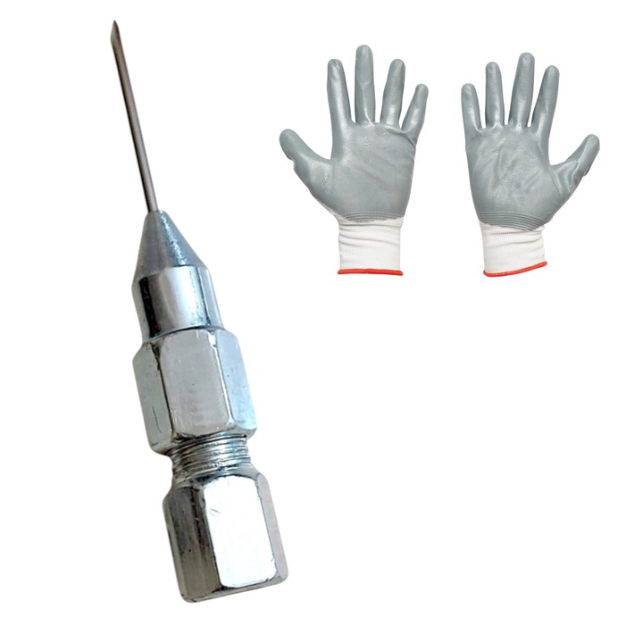 Ac gresor, otel carbon, lungime/diametru ac 26/1, 2 mm, pentru injectare vaselina sau unsoare, in spatii greu accesibile, compatibil surub M8, uz casnic/profesionanal cu Set manusi protectie