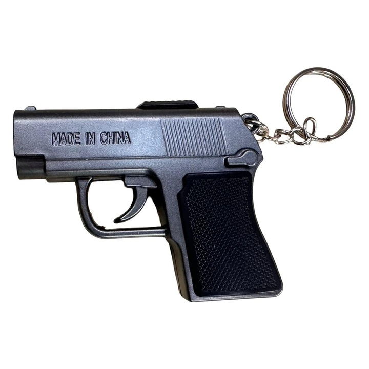 Pistol de jucarie din plastic 7 cm cu lanterna si laser breloc multifunctional cu baterii