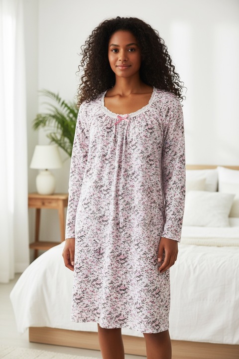 Camasa de noapte dama, cu maneca lunga si dantela la baza gatului, Roz