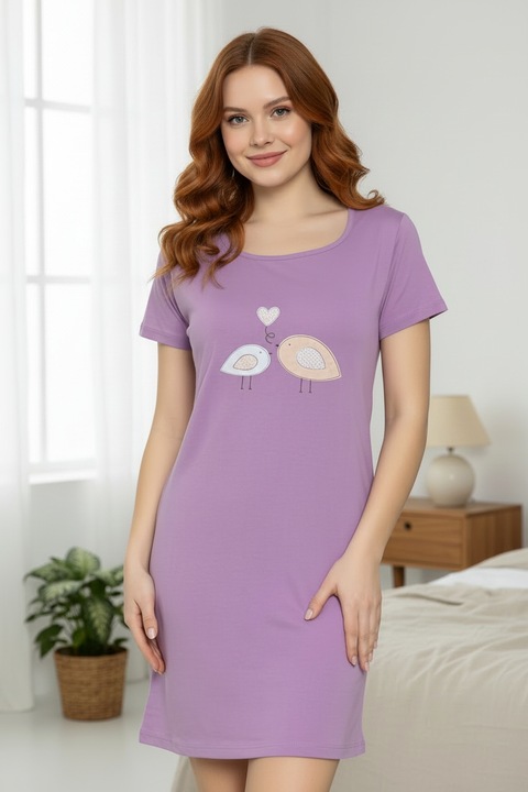 Camasa de noapte, tip rochie de casa, StarFashion, cu maneca scurta si imprimeu vesel, Mov