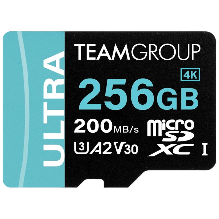 microSDXC карта 256GB TeamGroup с адаптер, скорост на четене 200MB/s, водоустойчива и удароустойчива, за смартфон, таблет, камера, дрон