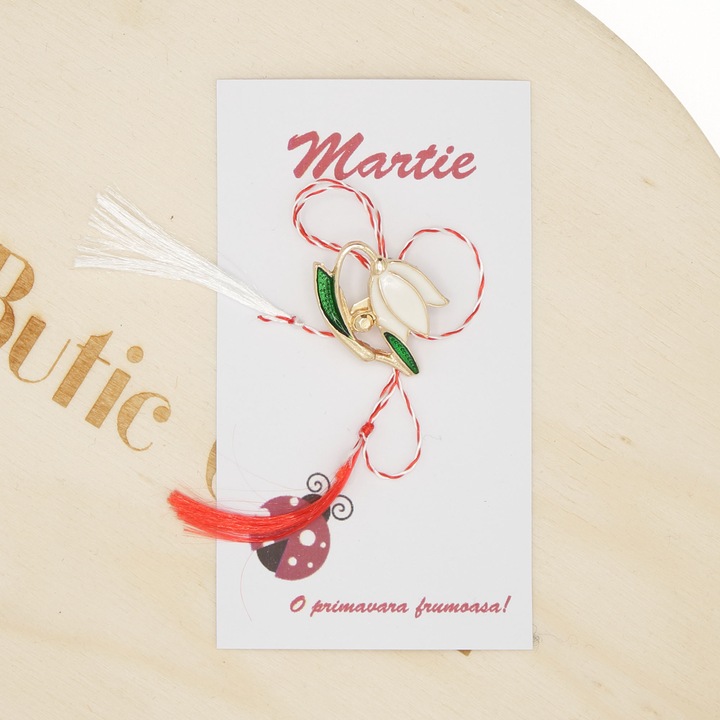 Martisor Brosa, Buticcochet, din metal, model Ghiocel, alb cu verde - MR664