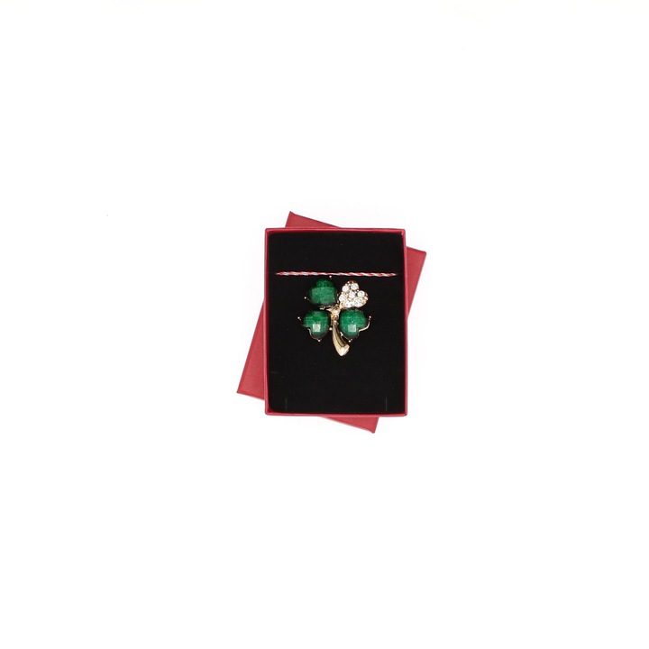 Martisor Brosa, Buticcochet, din metal, model Trfoi, Verde cu auriu - MR672