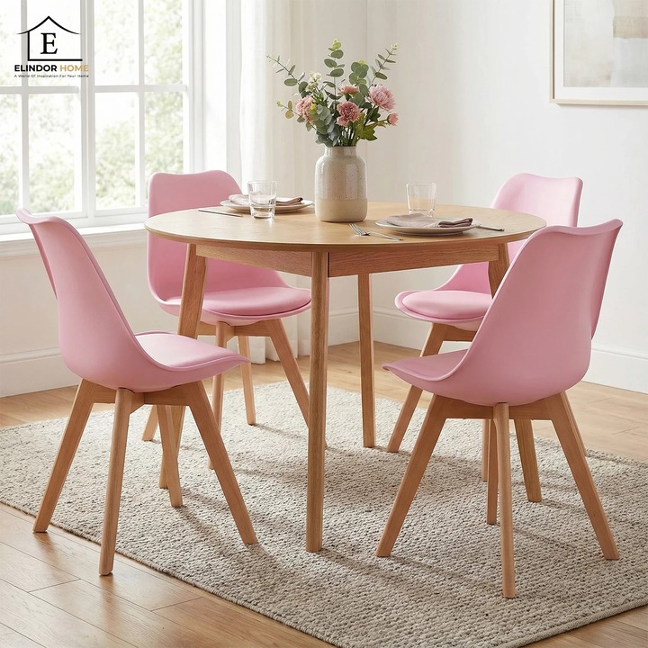Комплект от 4 кухненски стола Elindor® розови от екологична кожа, дървени крака, удобен стол, възглавница за седалка, елегантни, за кухня, спалня, всекидневна, 50 x 45 x 81 см