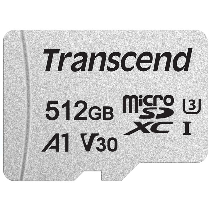Карта памет MicroSDXC Transcend, 512GB, UHS-I U3, V30, A1, скорост на четене 100MB/s, с адаптер