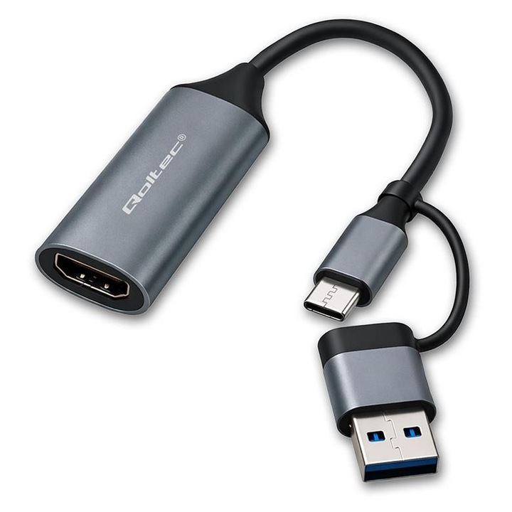 Адаптерен кабел Qoltec USB-C USB-A | HDMI | 4K 30Hz | Алуминий