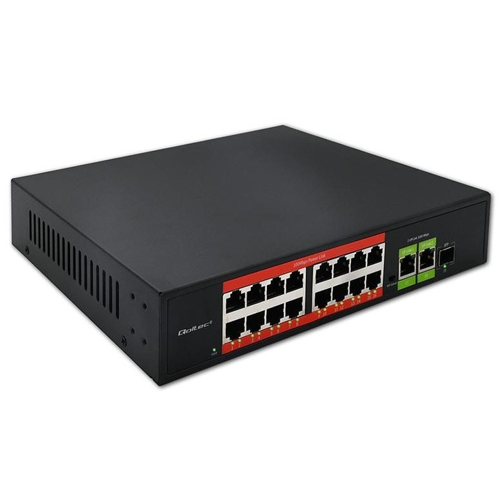 Qoltec nem menedzselhető switch, 16x RJ45 10/100 Mb/s, 2x RJ45 Uplink 1000 Mb/s, 1x SFP