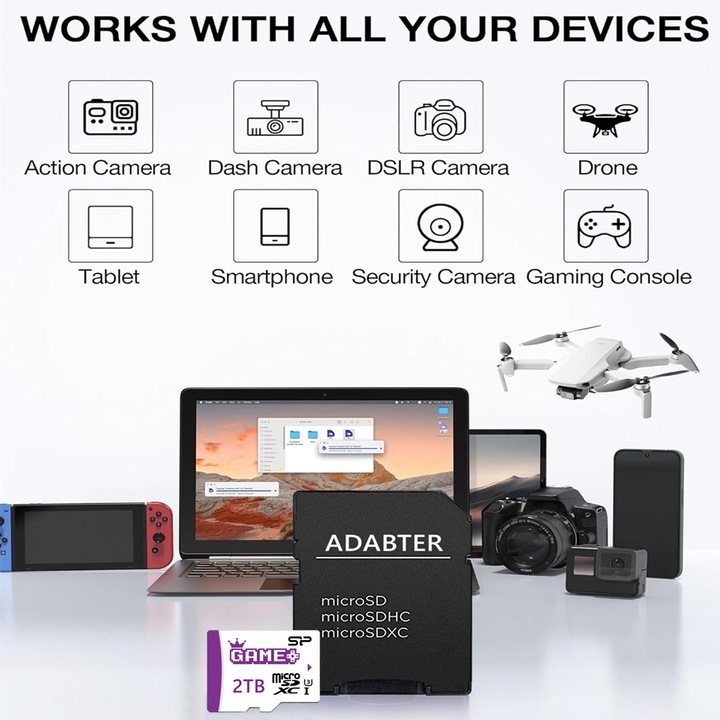 Card memorie MicroSDXC, SP, 2TB, UHS-I, U3, adaptor, rezistent, 100MB/s