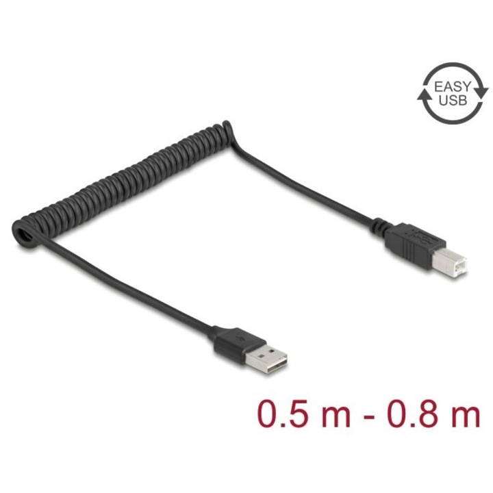 Cablu DeLock coiled USB 2.0 Type-A masculin la USB Type-B masculin 0,5m-0,8m negru