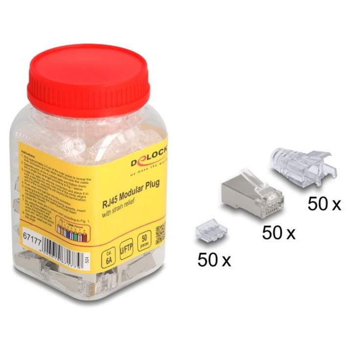 DeLock RJ45 Modular Plug Cat.6A cu protectie impotriva indoirii set 50 buc, transparent