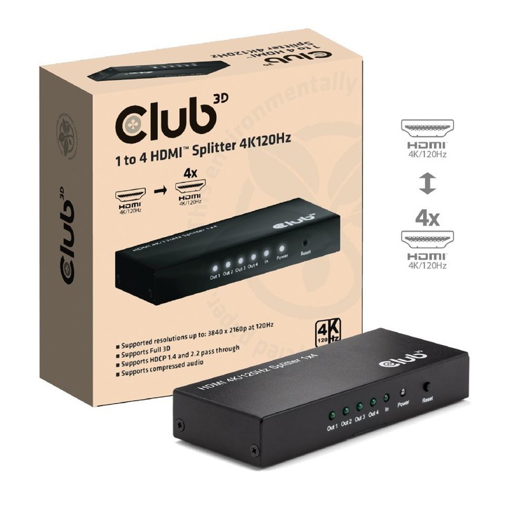 Club3D 1 to 4 HDMI Splitter 4K120Hz, 254992, Speciális átalakító
