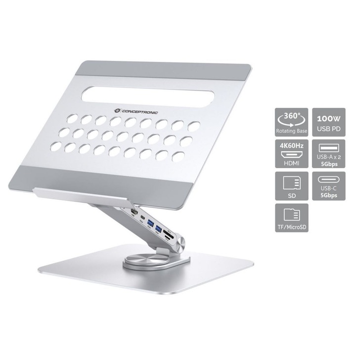 Suport laptop Conceptronic DONN27G cu statie de andocare 7-in-1 USB 3.2 Gen 1, 2xUSB-A, 2xUSB-C, 1xHDMI