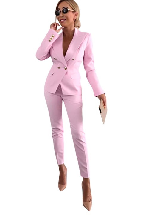 Бизнес костюм FY FashionForYou, Паолина, с вталено сако и конусовидни панталони, Розово