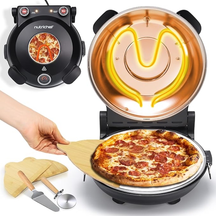 NutriChef Pizza Oven Stone 12" – Cuptor Pizza Electric 427°C cu Termometru, Negru, Non-Stick, Control Temperatura Top/Bottom, Fereastra de Vizualizare – Pizza Crocanta Italiana
