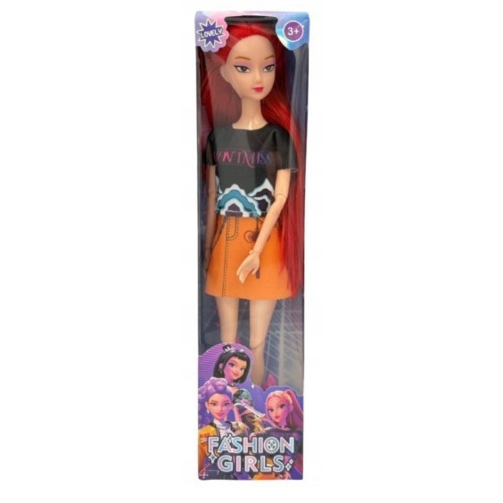 Papusa K-POP cu muzica, 35cm, set cu chitara roz si costum stilizat