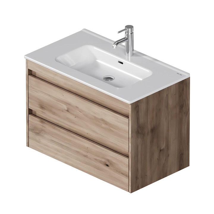 Dulap de baie cu lavoar, suspendat, 80 cm, 2 sertare, soft close, finisaj lemn natural deschis AM.PM Spike