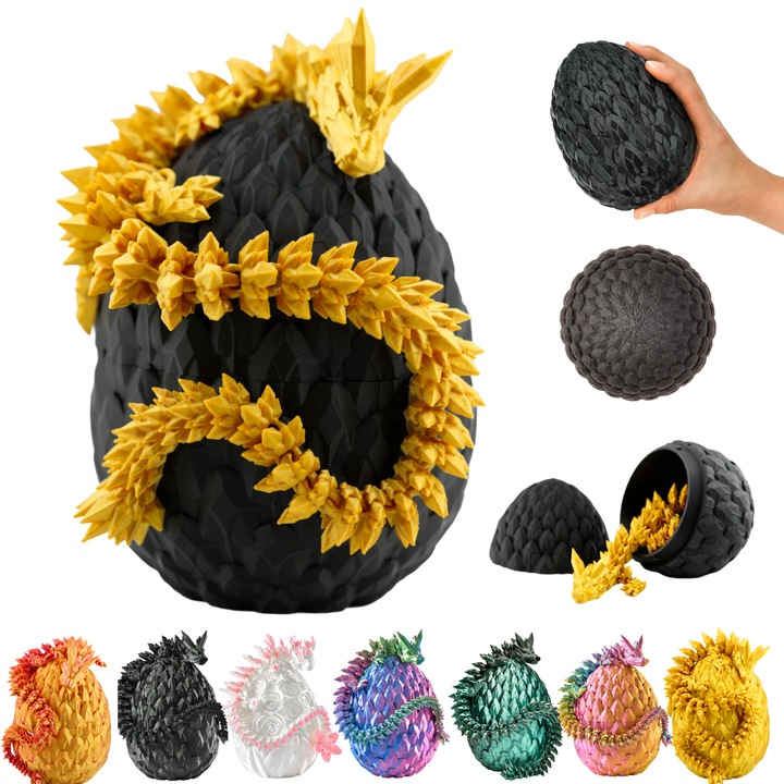 Dragon 3D in ou – Figurina decorativa 36 cm, Ou mare 12 cm, Dragon multicolor auriu-negru fantasy, Figurina de colectie pentru decor (14+)