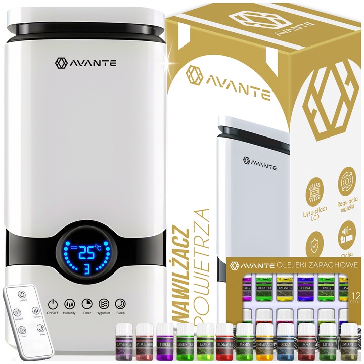 AVANTE ultrahangos párásító, 4L, 12 illóolaj készlettel, aromaterápia funkció, távirányítóval vezérelhető, 38x17x17cm