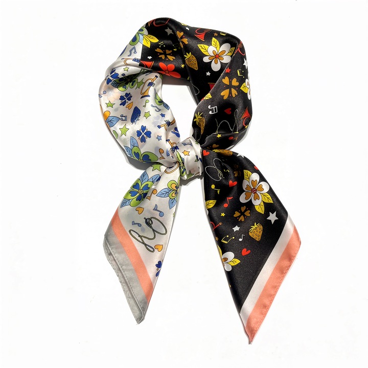 Kétszínű szatén sál 70x70cm, poliészter anyagból, virágos és tárgyas mintával, ideális alkalmi és formális stílusokhoz