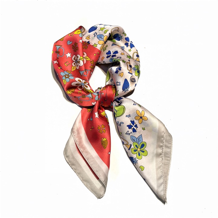 Szatén díszsál 70×70cm, kétszínű virágmintával és kiegészítőkkel, multifunkcionális fejfedőként, kendőként vagy táska kiegészítőként