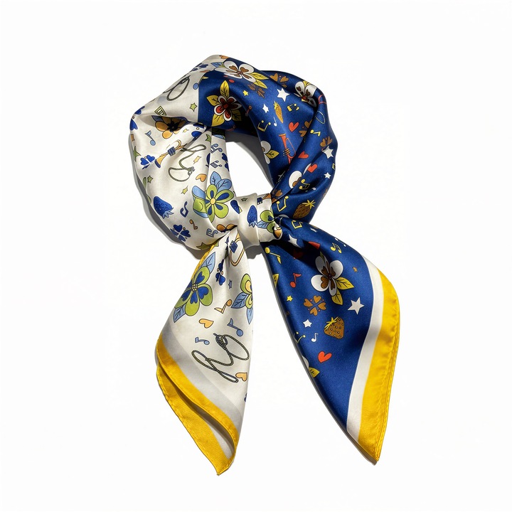 Fular decorativ bicolor cu flori, 70x70cm, multifuncțional, poliester satin