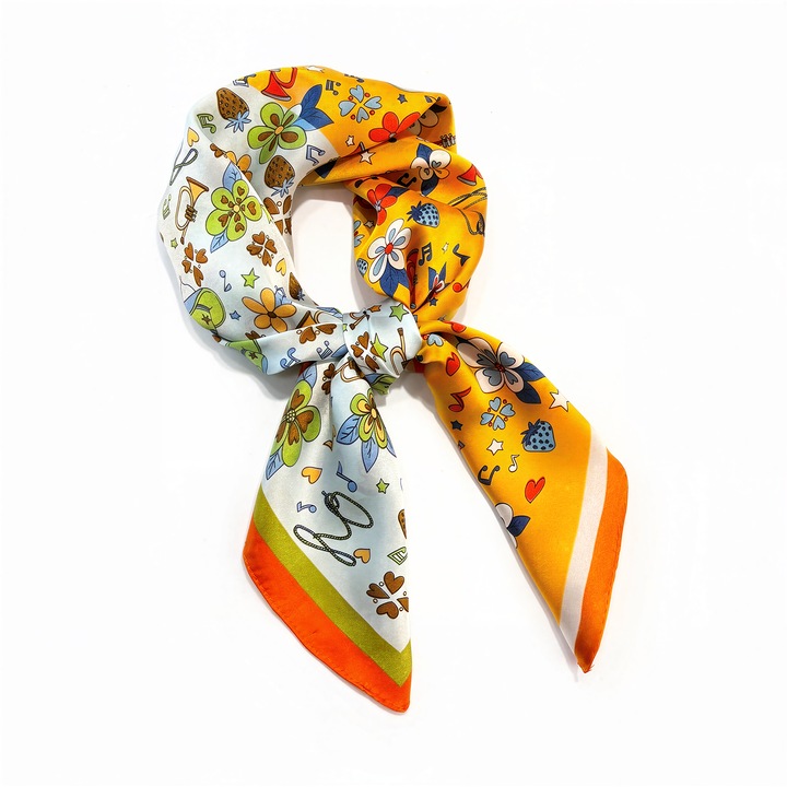 Szatén díszsál 70×70cm, kétszínű virágmintával és kiegészítőkkel, multifunkcionális fejfedőként, kendőként vagy táska kiegészítőként