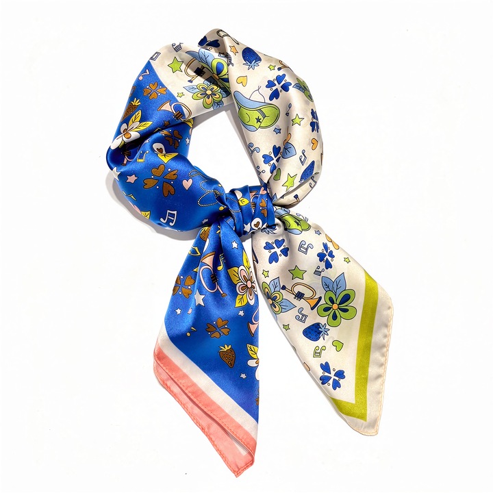 Esarfa satin bicolor 70×70cm, material poliester, cu design de flori si obiecte, ideala pentru stiluri casual si formale