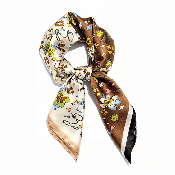 Kétszínű szatén sál, 70×70cm, poliészter anyag, virágos és tárgyas mintával, ideális alkalmi és formális stílusokhoz