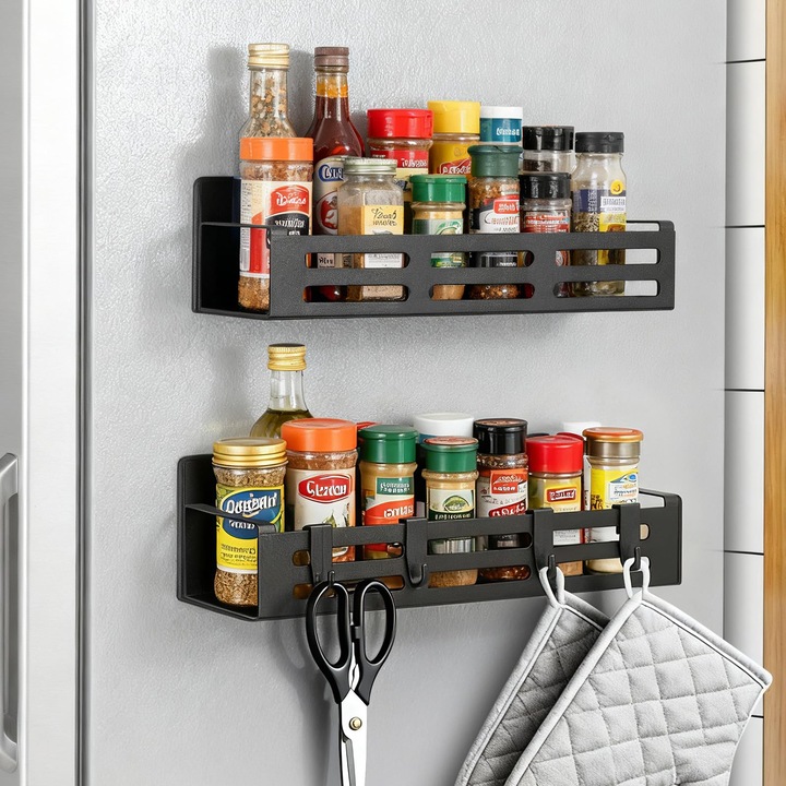 Комплект 2 магнитни рафта Bedee, 4 куки, черен, 27x8,5x5 см/29x9,5x5 см