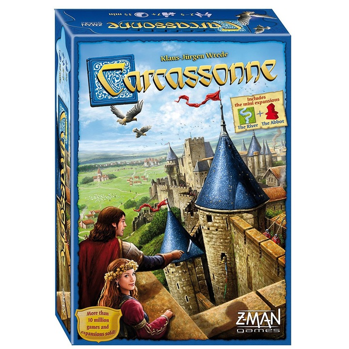 Joc de societate Carcassonne, set cu extensii RIVERn si Abbot, 2-5 jucatori, material din lemn natural, instructiuni colorate.