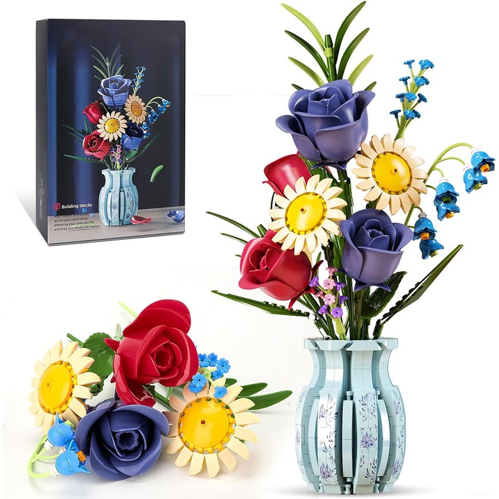 Set blocuri de constructie flori artificiali, 787 de piese, cu vas decorativ, buchet multicolor, pentru decor casei, birou si camera, material sigur, cadou ideal pentru adulti si adolescenti 12+