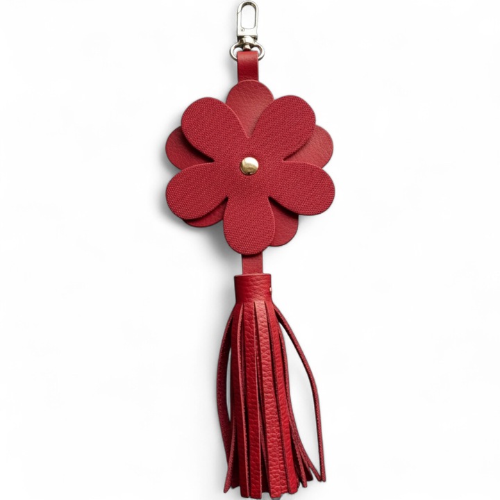 Breloc din piele naturala Tinna, floare rosu, ciucurel, 9x25cm