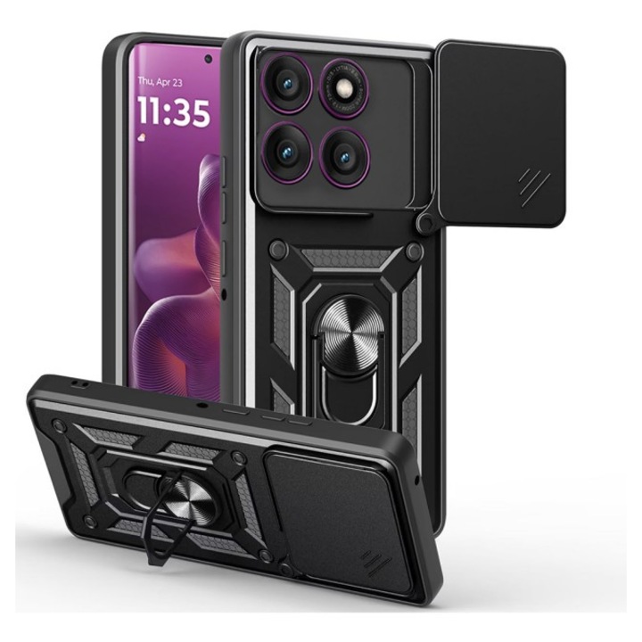 Husa Spate Upzz® Camshield Compatibila Cu Motorola Edge 60 PRO, Protectie La Camere, Inel Metalic, Stand - Negru