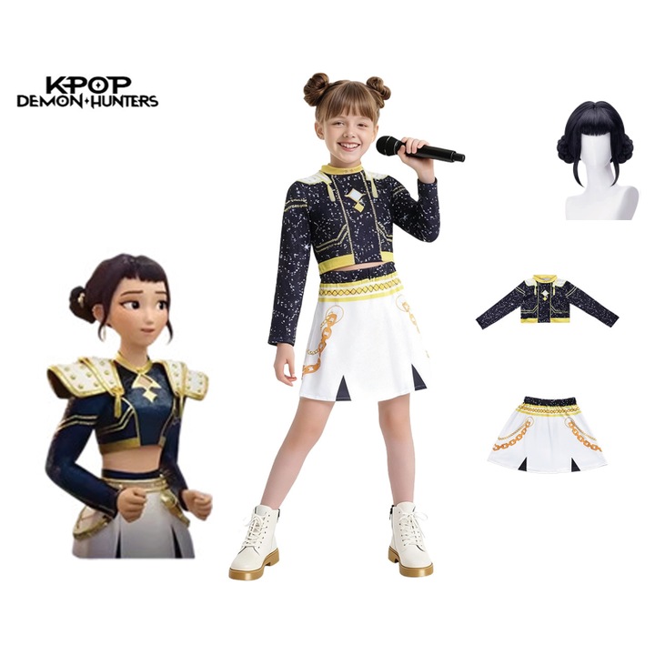 Costum de cosplay K-POP Witcher cu peruca, Zoe, negru-auriu, marimea 150, set pentru copii