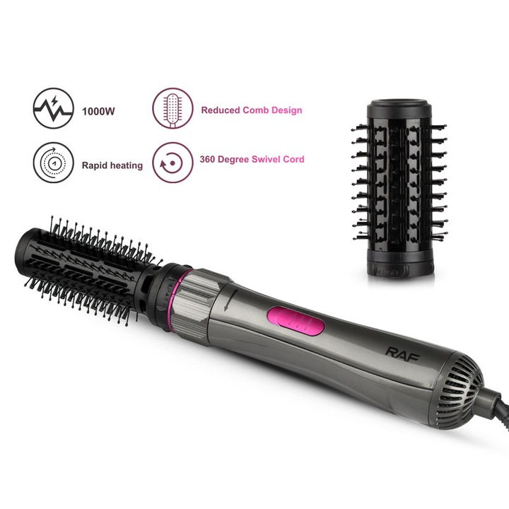 Perie termica RAF 1000 W cu 3 reglaje de temperatura, capete interschimbabile de 50 mm si 40 mm, incalzire rapida si cablu rotativ la 360° pentru un styling neted si cu volum