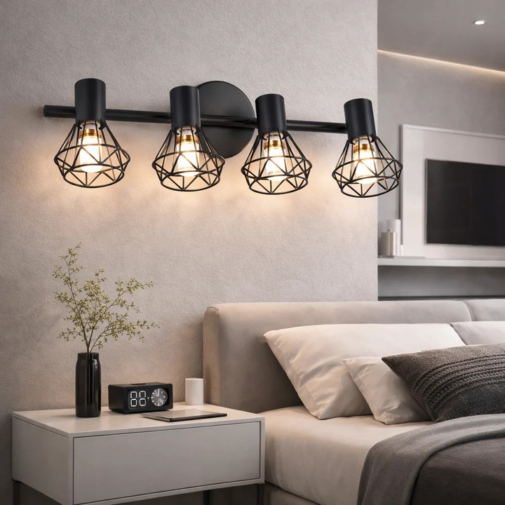 Lustra cu Abajur, GRACIE, LC365/4BK, Diamant, 4xE14, Diametru 53, Inaltime 16, Negru, Metal, Becuri Neincluse