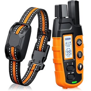 Zgarda Electrica Pentru Dresaj Caini, BYONDSELF®, Sunet/Vibratie/Soc Electric, IP67, Raza Actiune 1000m, pentru Caini 3 kg-55 kg, Lungimea 60cm, IP67, Telecomandabil, Portocaliu/Negru