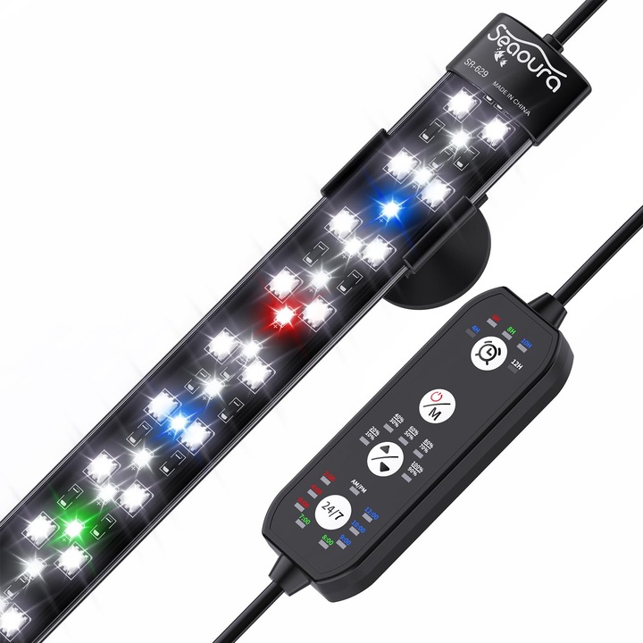 Lampa LED pentru acvariu SEAOURA, 28 cm, full spectrum, 7 culori individuale, 10 niveluri luminozitate, timer automat 24/7