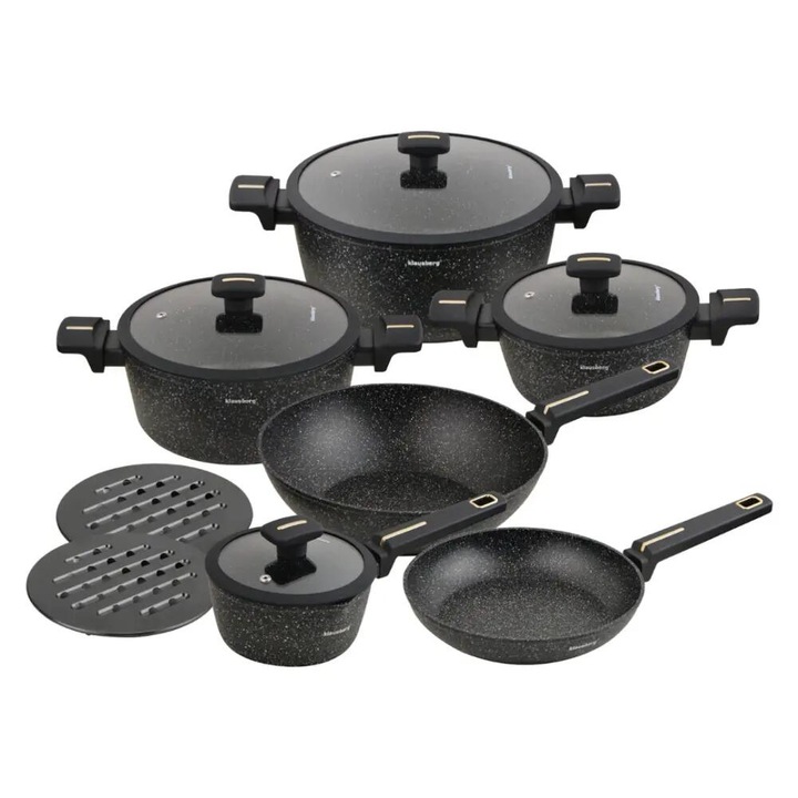 Set de oale din aluminiu turnat, Klausberg KB-7968, antiaderent, negru, 12 piese, include tigaie WOK 28cm
